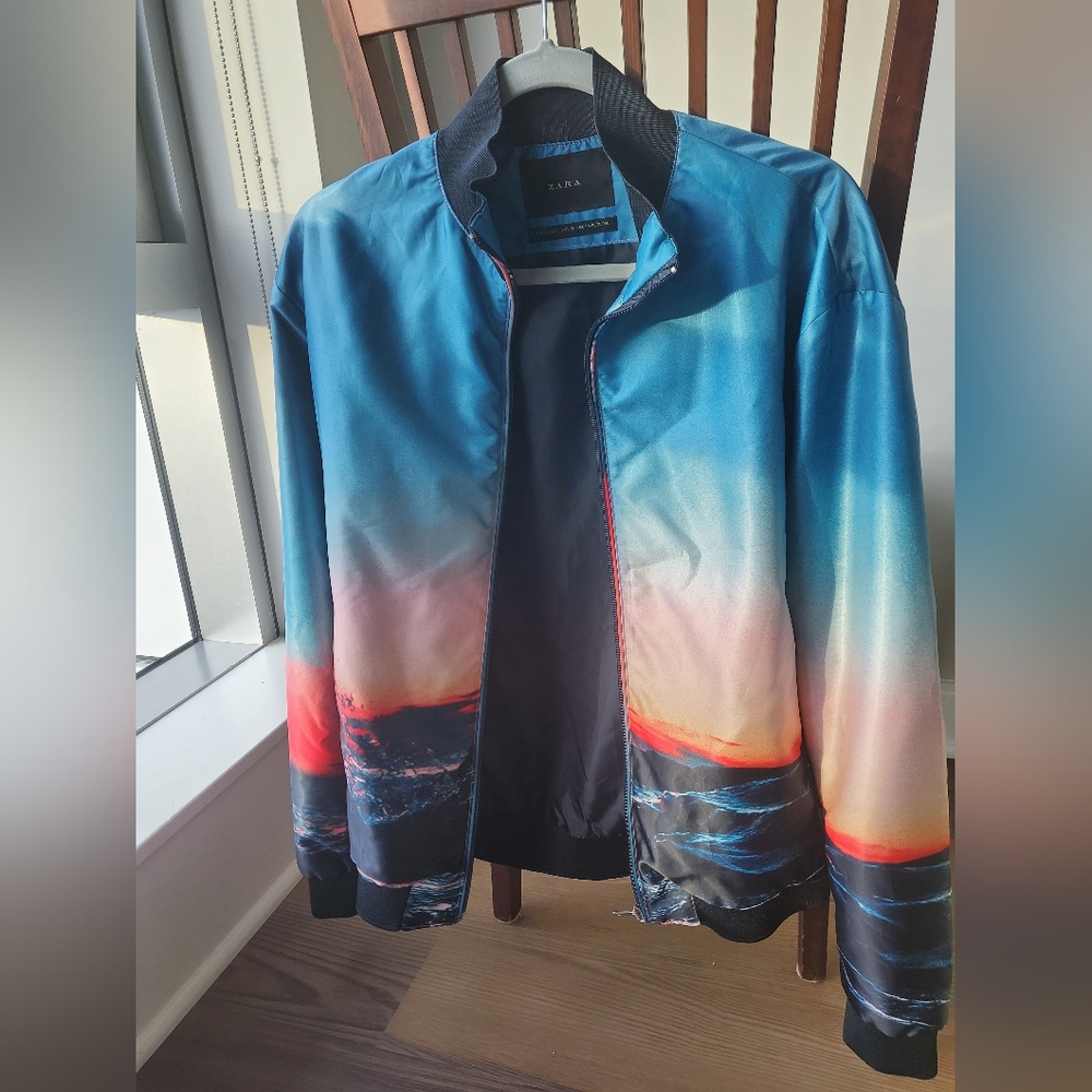 Zara Ocean Sunset Print Bomber Jacket Mens Small